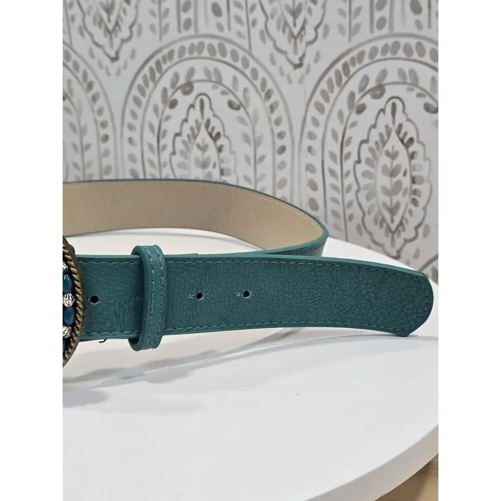 Vintage Womens Medium Belt Western Cowgirl Turquoise Teal Beaded Large Concho